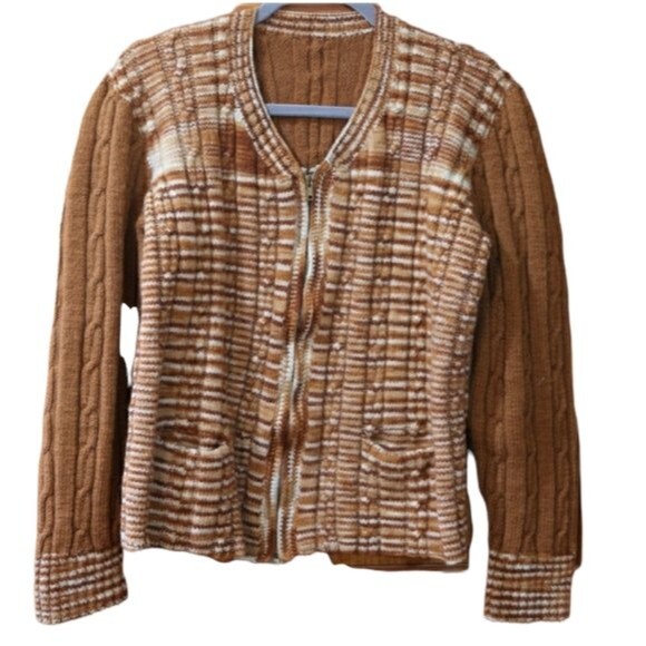 Vintage Handmade 70s Brown Plaid Chunky Knit Zip Cardigan Sweater LG - Picture 2 of 10